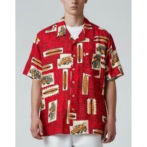 Roundy Bay Mens XL Red Hawaiian Shirt Surfboard Woodie Car Tropical Short Sleeve